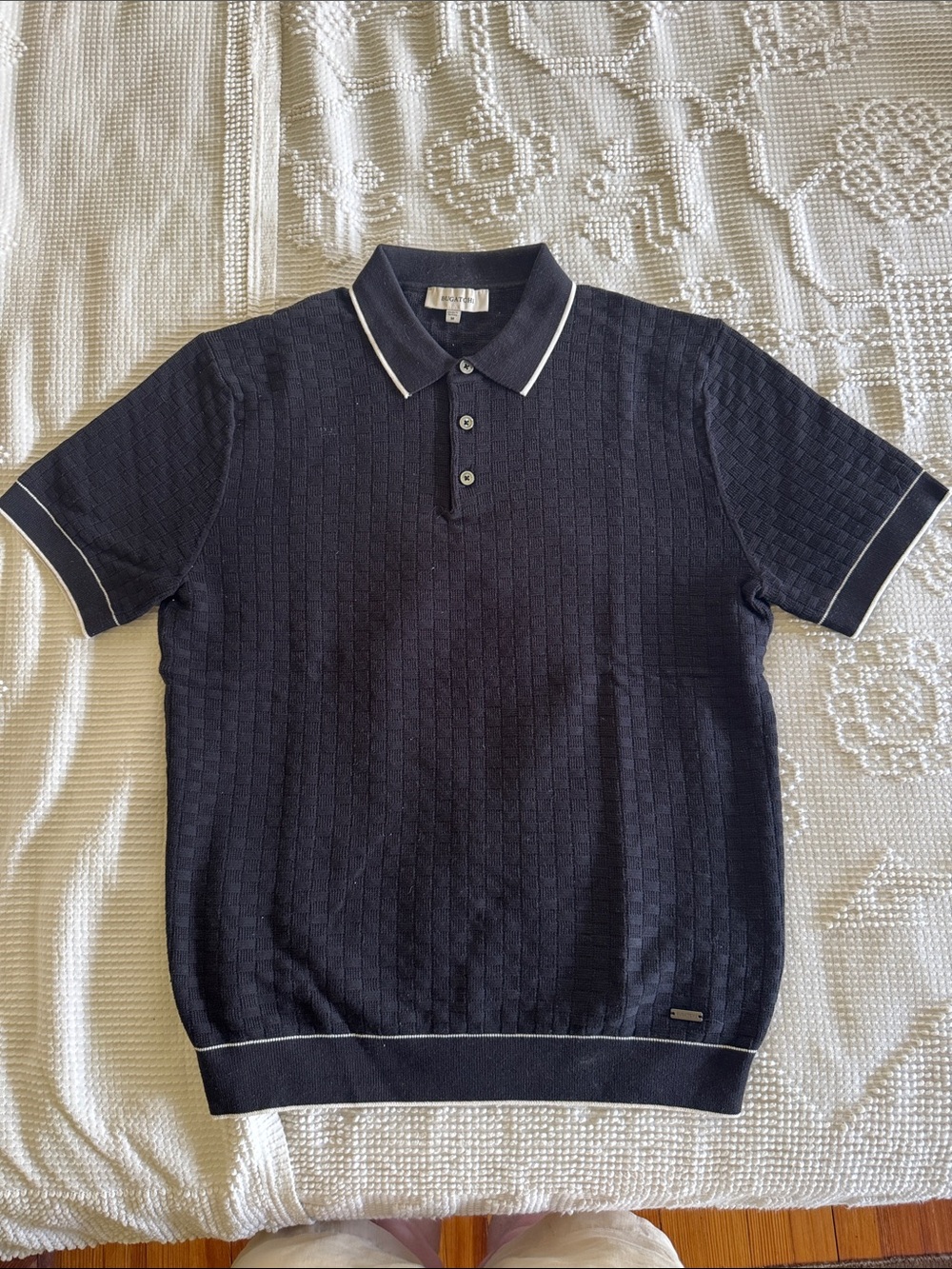 Bugatchi Navy Short-Sleeve Polo with White Trim